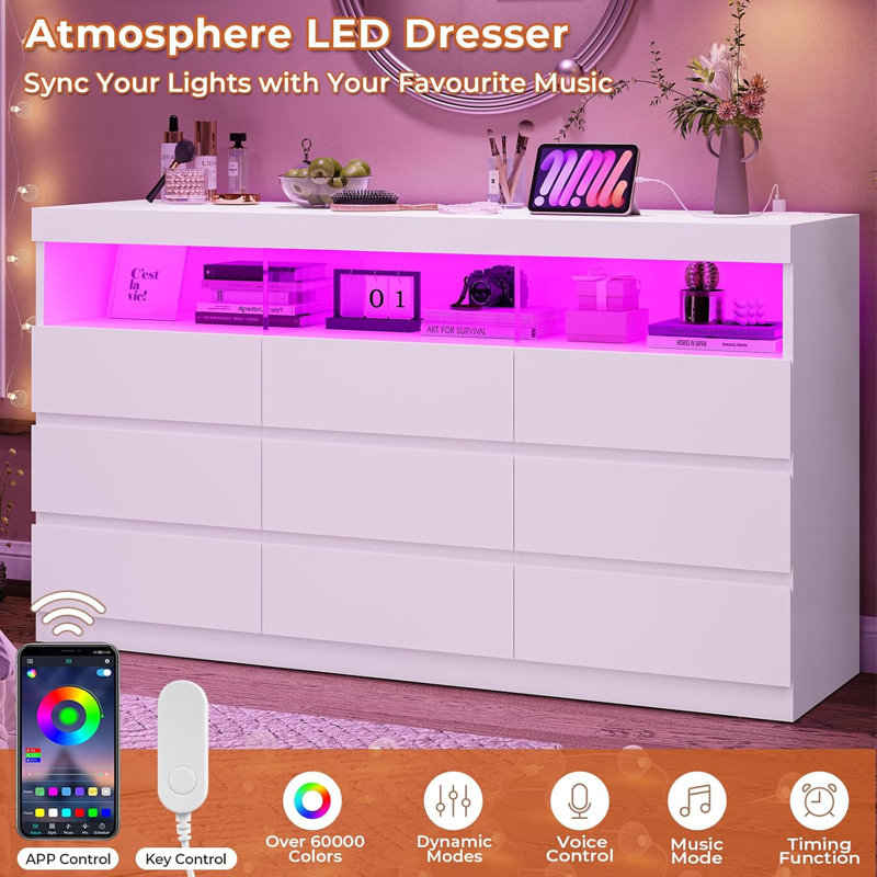 9 Drawer Dresser For Bedroom With Led Lights, Large Chest Of Drawers Handle Free, Modern Long Dressers With Charging Station,for Living Room,cloakroom,entryway