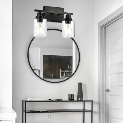 Luminaires de salle de bain 2 lumières, lumières de meuble-lavabo moderne noir mat avec abat-jour en verre transparent, lampe de salle de bain pour miroir, armoire de chambre à coucher, porche