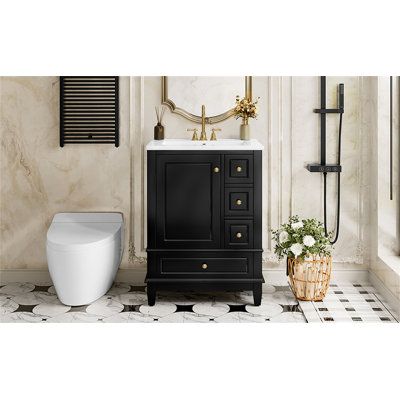 24" Bathroom Vanity With Sink And Drawers Freestanding Vanity Cabinet With Ceramic Top And Storage Shelves, MDF And Solid Wood Base, Modern Sink Cabinet For Small Bathrooms