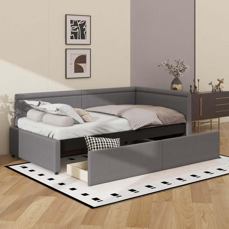 Twin Compact L-Shaped Twin Corner Daybed, Featuring Twin Pull-Out Storage Drawers, Grey