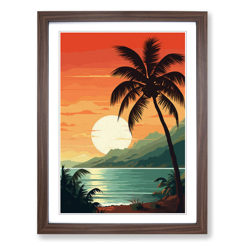 Palm Tree Art Deco - Single Picture Frame Print on Wood, Walnut Framed, 46cm H x 34cm W