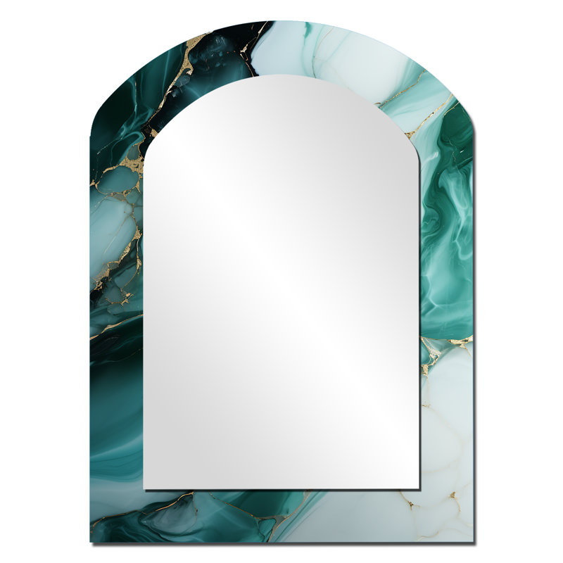 Or et encre de marbre émeraude - Miroir mural asymétrique décoratif en marbre, grand miroir à arche verte, impression sur métal