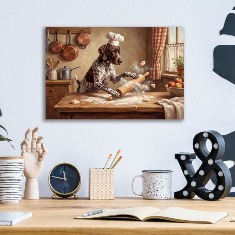 Art mural en verre acrylique épique 16 po x 12 po «German Shorthaired Pointer In The Kitchen» par Rich Monet