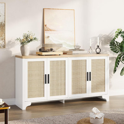Rattan Sideboard Buffet Cabinet, 62 Inch Storage Cabinet with 4 Doors and Shelves, Modern Farmhouse Accent Table, Wooden Console Table with Storage for Kitchen, Dining Room