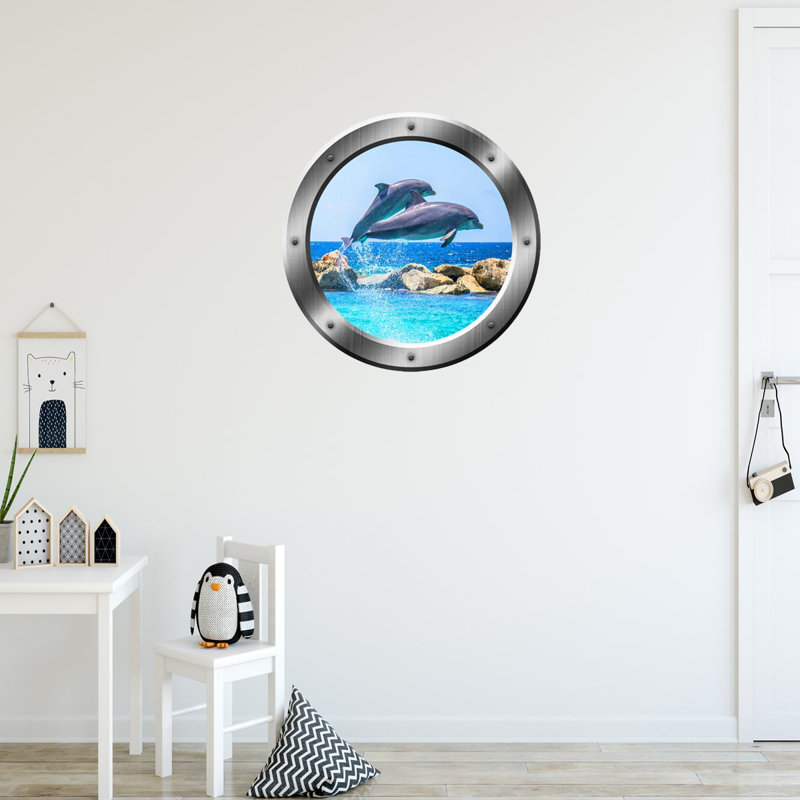 Décalcomanie murale hublot dauphin, H 20 po x l 20 po x P 0,01 po, Argent