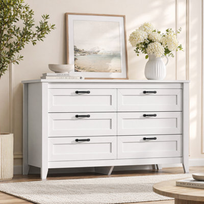 Serefina 53"W 6-Drawer Modern Dresser, White Wood Dresser with Solid Legs for Bedroom, 30'' H Large Storage Double Dresser with Deep Drawers Fits Closet, Nursery, or Hallway