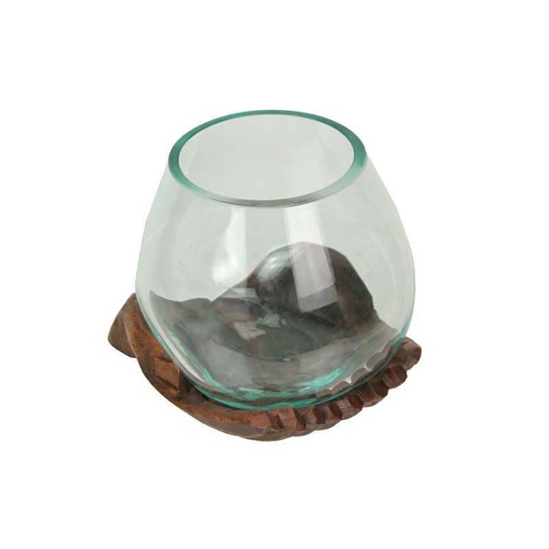 Vase, bol et terrarium en verre soufflé transparent soufflé transparent avec base en bois naturel sculpté - L 7 po x l 7 po x H 5,25 po