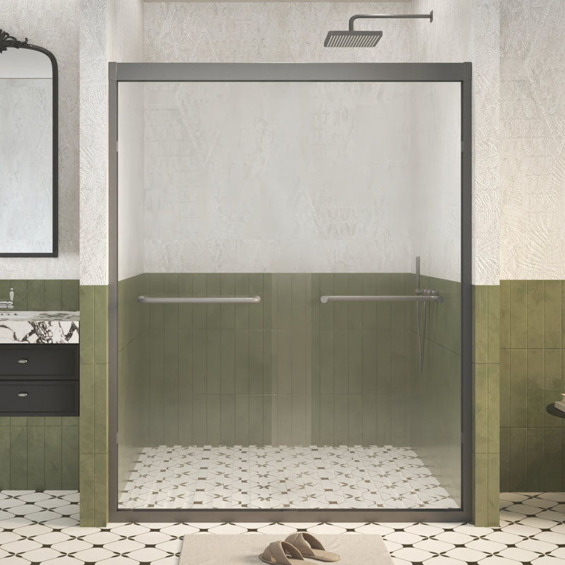 Portes de douche coulissantes en verre, semi-sans cadre, verre trempé Sgcc de 1/4 pouce, poignée en acier inoxydable, verre trempé, facile à nettoyer, noir mat