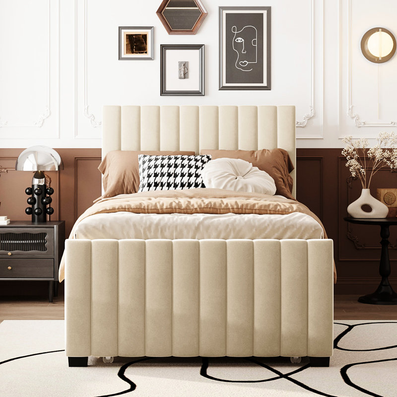 Lit plateforme simple tapissier en velours avec lit gigogne beige - Aucun sommier requis, Beige, Twin