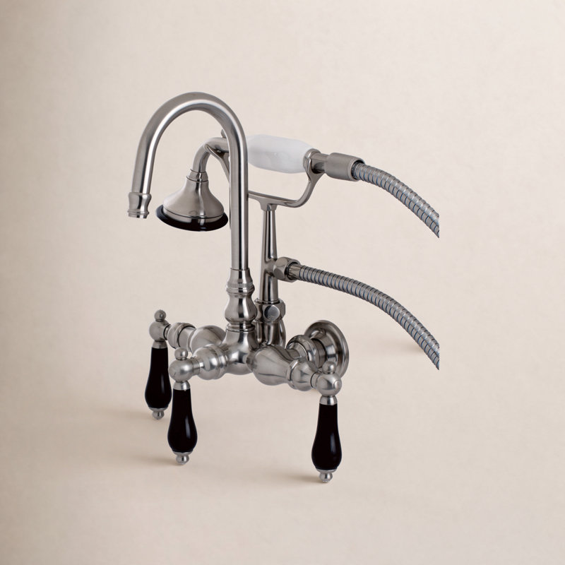 Kingston Brass Duchess Three-Handle 2-Hole Tub Wall Mount Clawfoot Tub Faucet with Hand Shower, Brushed Nickel