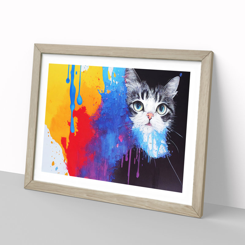 Cat in Paint Abstract - Framed Print, 25cm H x 34cm W x 2cm D, Oak
