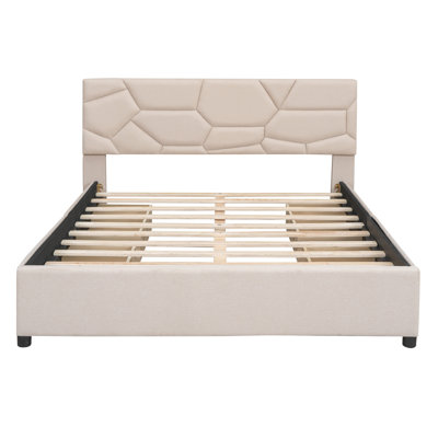 Queen Size Upholstered Platform Bed With Brick Pattern Headboard And 4 Drawers, Linen Fabric -  Ebern Designs, C91359519A1941F3A0365BBFEC547AD2