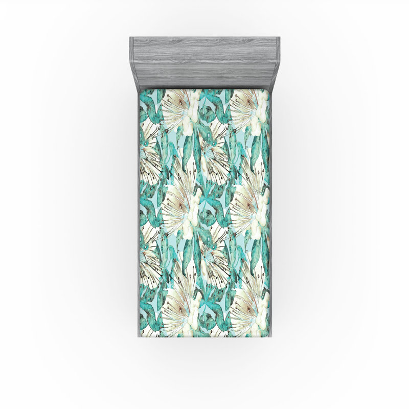 Drap-housse floral Ambesonne, Drap-housse de taille simple, Ivoire / écume de mer / motif floral turquoise