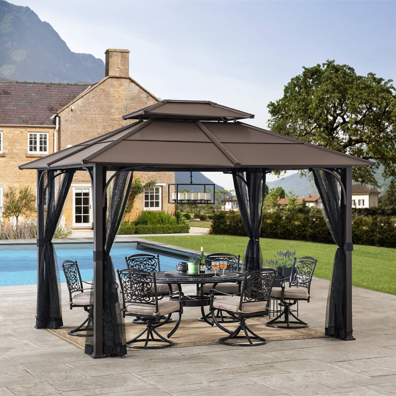 SUNJOY Hardtop Gazebo 10 x 12 ft. Outdoor Heavy Duty Steel Frame, Double Tiered Metal Gazebo with Ceiling Hook and Mesh Netting, Brown