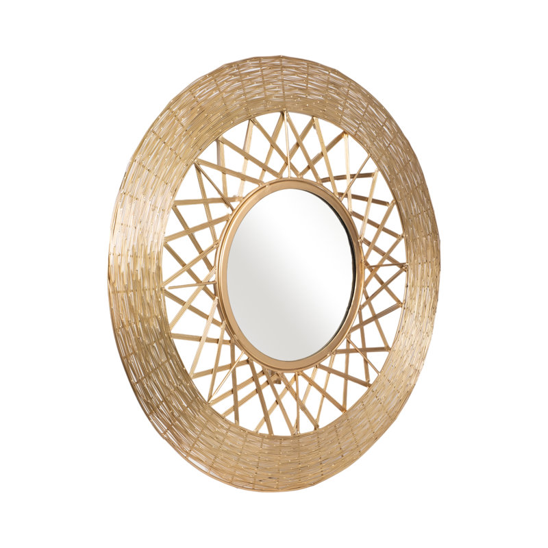 Andrasta Round Mirror Metal Wood Glass Woven Design 28" Gold Finish Glam Style for Home Office Bedroom Living Room Wall Decor