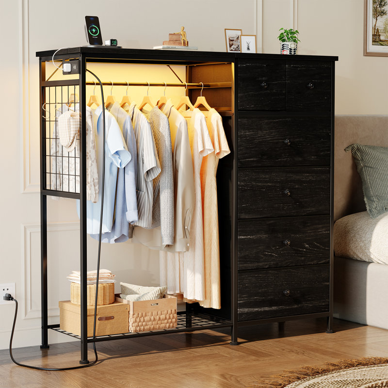  6 Drawer Dresser with Hanging Rack and Shoe Rack, Fabric Storage Dresser with Charging Station and LED Lights for Bedroom, Closet, Entryway