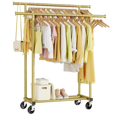 Portable Double‑Rod Rolling Metal Garment Rack, Free‑Standing Clothes Rack