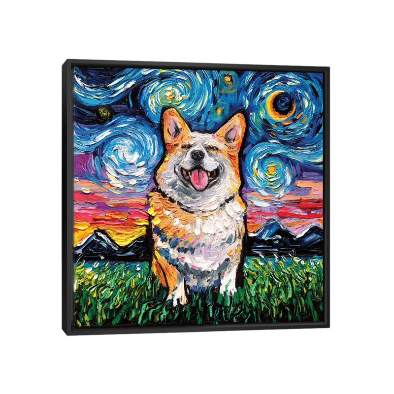 «Sourire Corgi Night» par Aja Trêves - reproduction d'art, H 12 po x l 12 po x P 1,5 po, Toile avec cadre noir