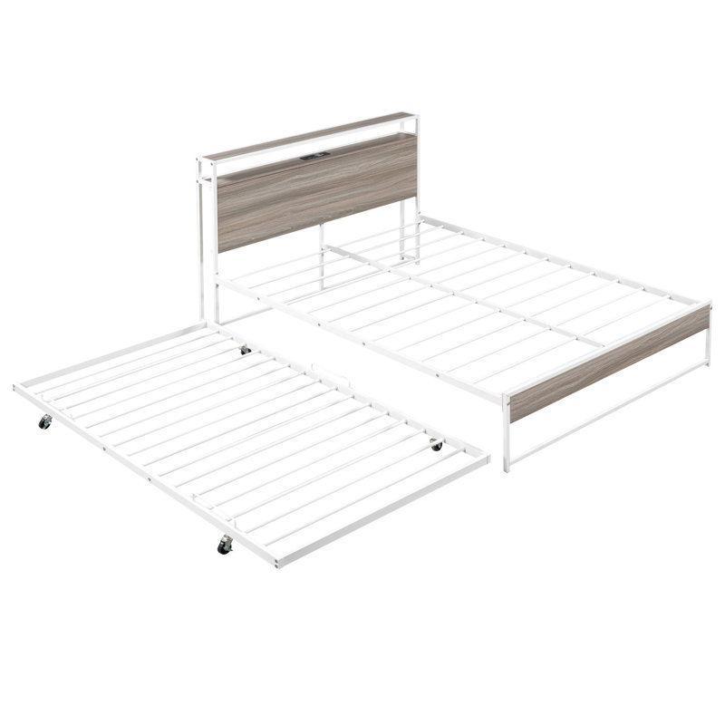 Lit plateforme double en métal avec lit gigogne et support à lattes. Évident. Aucun sommier tapissier requis pour le lit gigogne de la chambre à coucher. Soutien. Thème rustique moderne. , Printemps. Espace de couchage supplémentaire