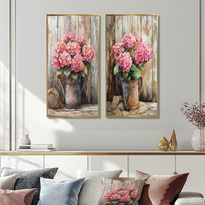 Bouquet d'hortensias rustique à la grange I - Collection d'art mural floral 2 panneaux
