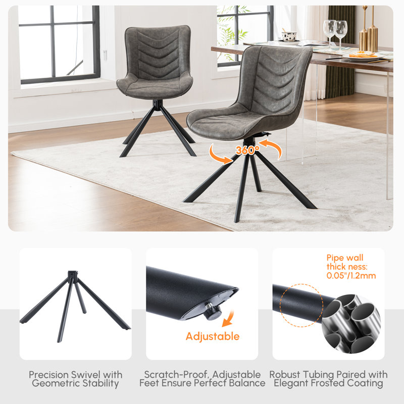 Chaises de salle à manger capitonnées pivotantes rembourrées en cuir avec pieds en métal, Gris foncé