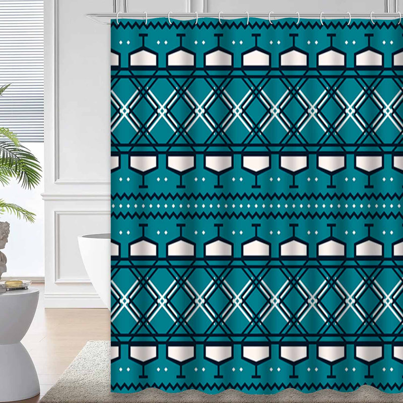 Rideau de douche abstrait à motif géométrique blanc avec 12 crochets, L 72 po x l 84 po