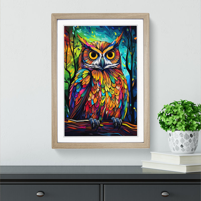 Owl Pop - Single Picture Frame Print on Wood, Oak , 46cm H x 34cm W x 2cm D