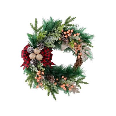 Couronne de Noël artificielle de 18,11 pouces, couronne de porte d'entrée hivernale avec nœud à carreaux Buffalo, boules d'ornement dorées, pommes de pin et baies pour décoration murale des Fêtes