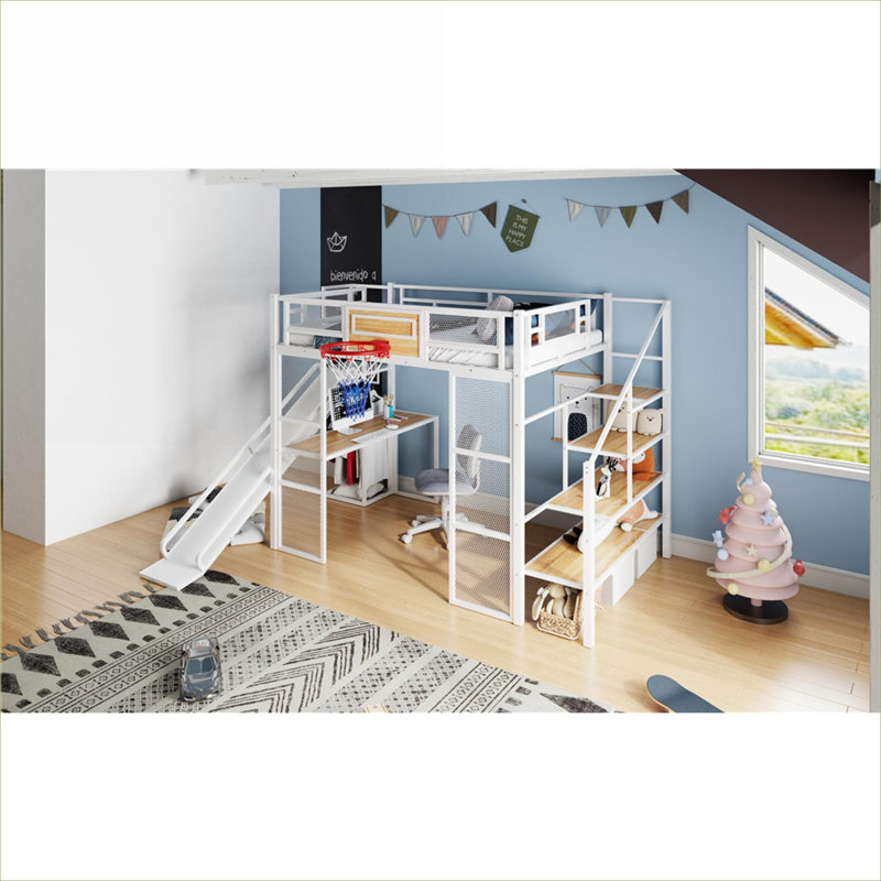 Lit mezzanine double multifonctionnel, cadre compact en métal à finition blanche compacte et panneau de fibres à densité moyenne