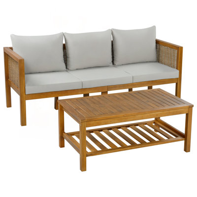 2-Piece Outdoor Patio Sofa Set with Acacia Wood Frame and Cushions