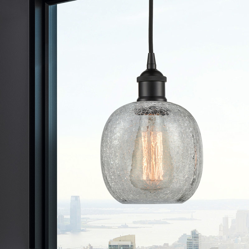 Luminaire suspendu simple à 1 lumière Amila, Noir mat, Craquelage transparent