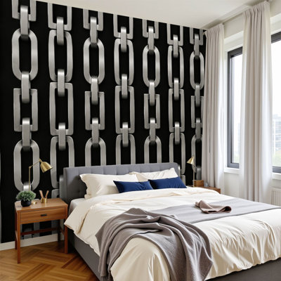 Papier peint adhésif de style moderne Mid-Century à motif géométrique en métal brossé à motif de chaîne métallique H 100 po x l 144 po amovible en PVC auto-adhésif pour chambre à coucher, bureau à domicile