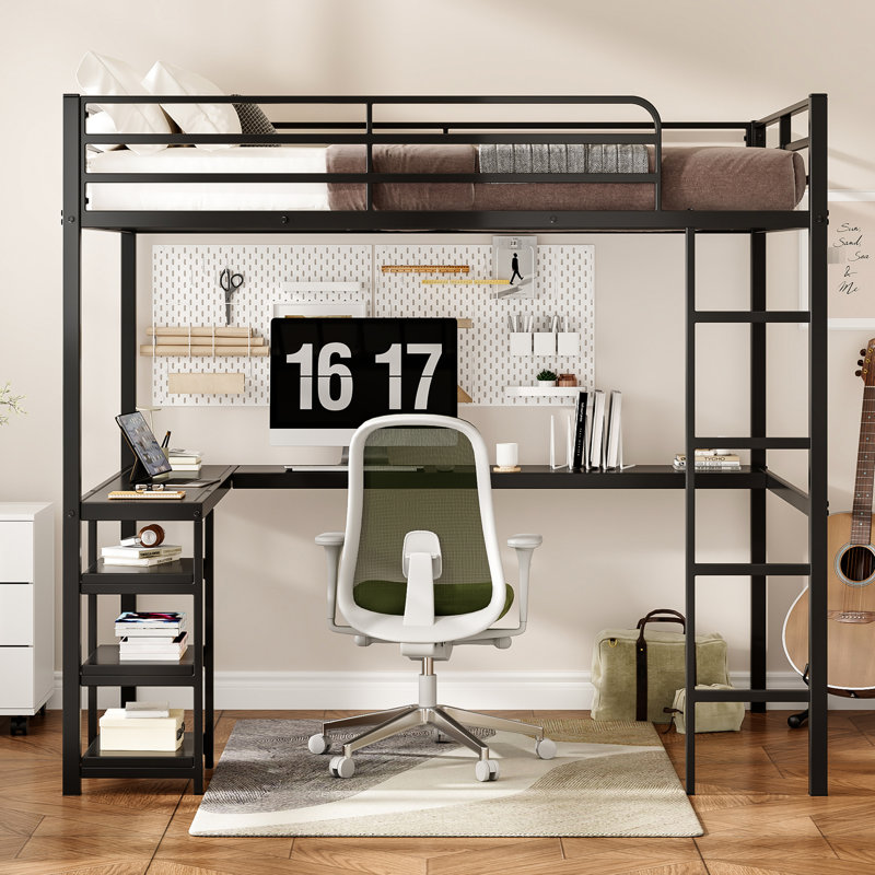 Lit mezzanine double noir avec bureau rétro et tablettes, environnement de sommeil calme et stable