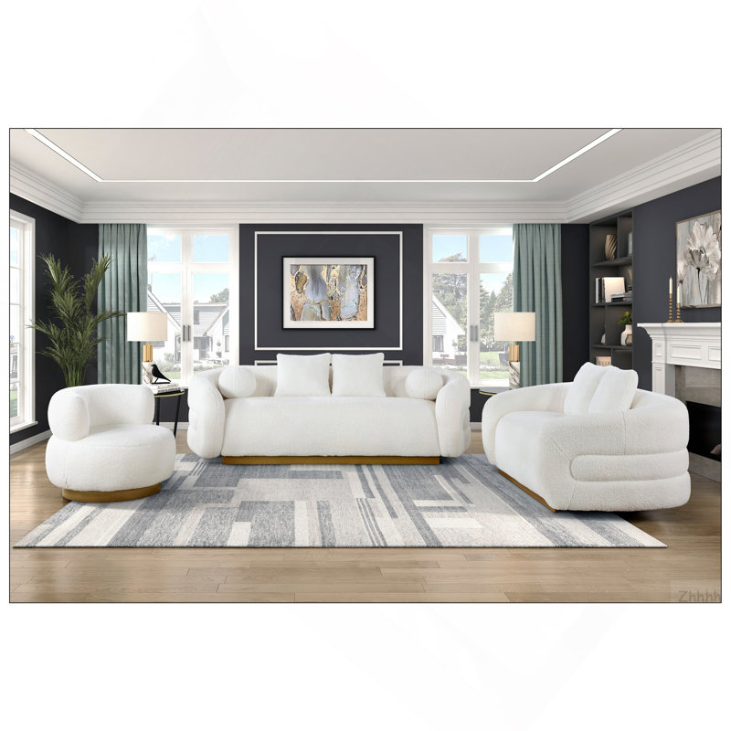 Luxueux fauteuil rond de salon avec mouvement pivotant, tissu blanc doux, revêtement doré, meubles en bois massif, 1 pièce