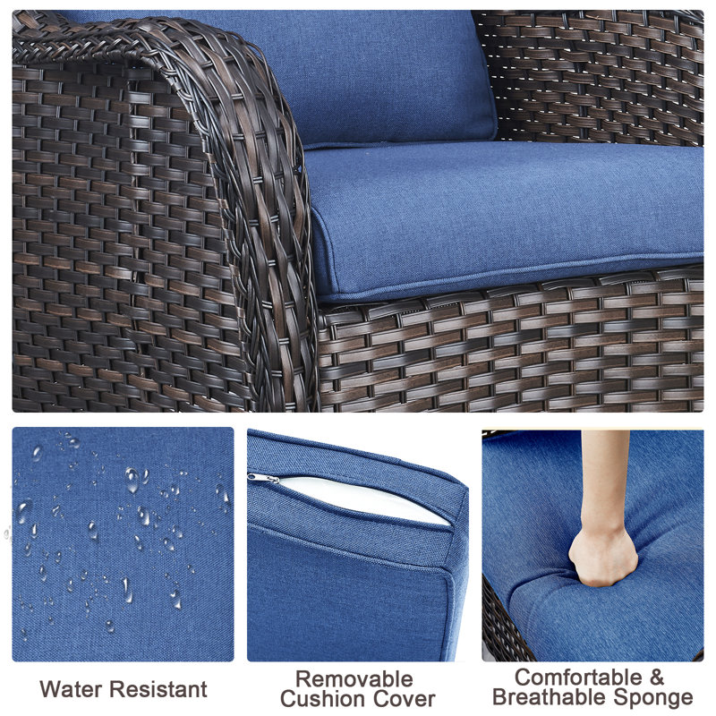 Chaise de patio avec coussins Tonry, Bleu marine, Brun