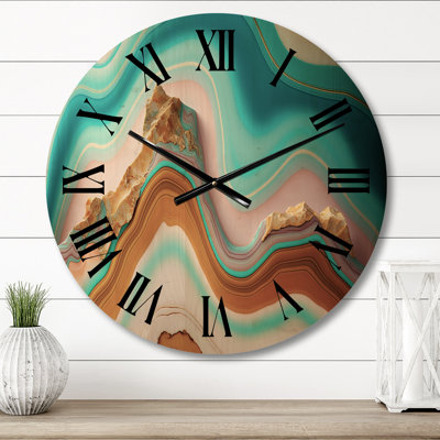 Liquid Harmony Gold Blue Turquoise Agate - Abstract Shapes Oversized Wood Wall Clock