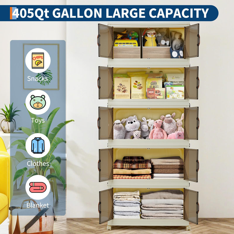 Stackable Storage Bins with Lids, Foldable Plastic Storage Drawers with Magnetic Doors & Wheels, Large Organizer Bins for Closet, Home, Office, Garage