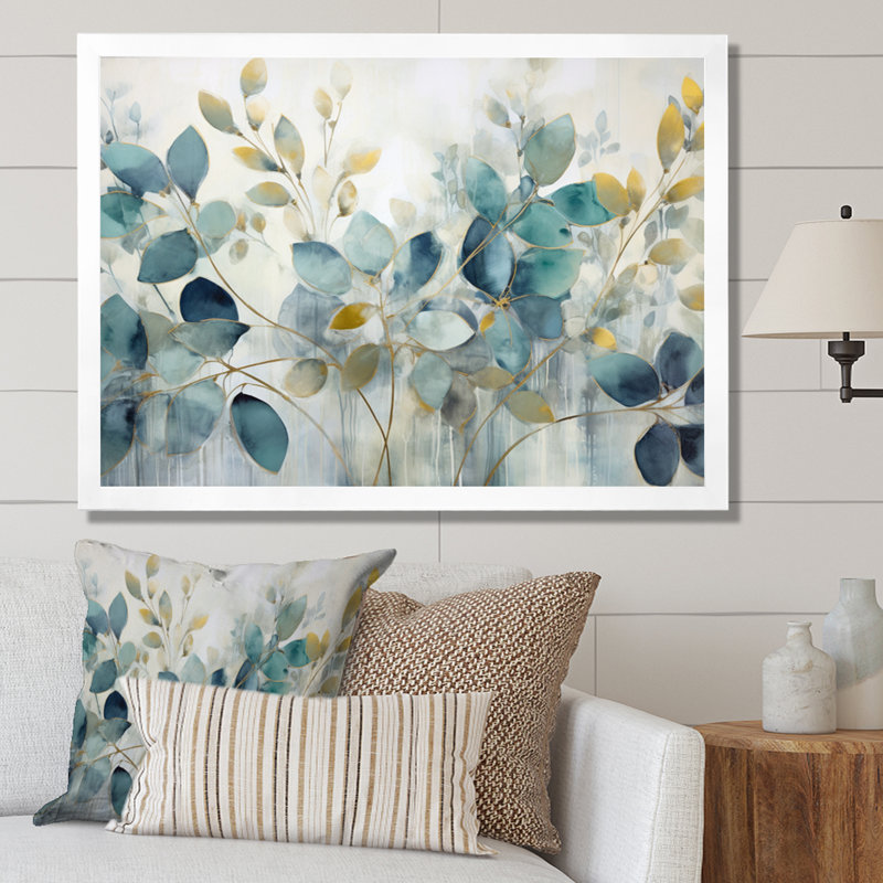 «Blue Botanical Rhythms II - Abstract Botanicals», art mural sur toile, Impression encadrée, H 24 po x l 32 po, Blanc