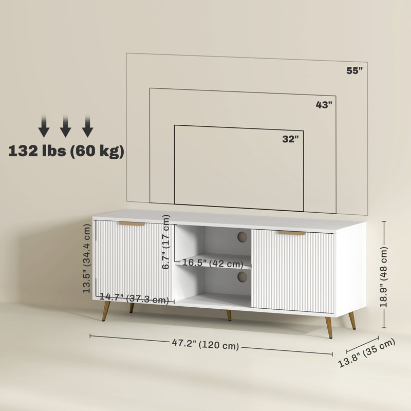 Meuble télé avec 2 tablettes ouvertes et 2 armoires pour téléviseur de 55 po, blanc