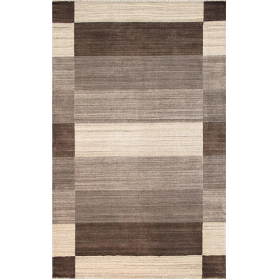 Tapis brun rayé en laine / coton / viscose rectangulaire fait à la main 4 pi 11 po x 8 pi 8 po