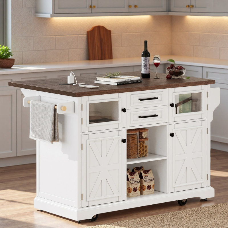 Îlot de cuisine avec abattant, prise électrique, tablettes de porte, tiroirs, tablettes ajustables et roulettes, Blanc