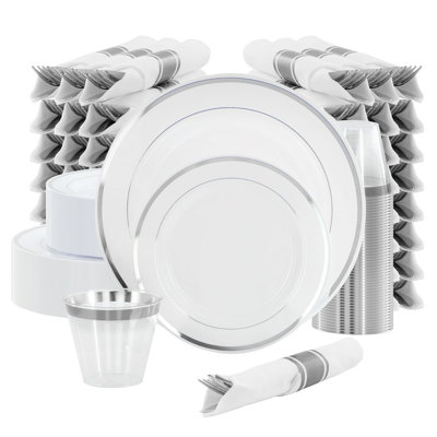 Elama 350 Piece Disposable Plastic Dinnerware Party Set For 50 Guests, White With Silver Trim, Bpa-free Plates, Cups, Cutlery & Napkins For Events