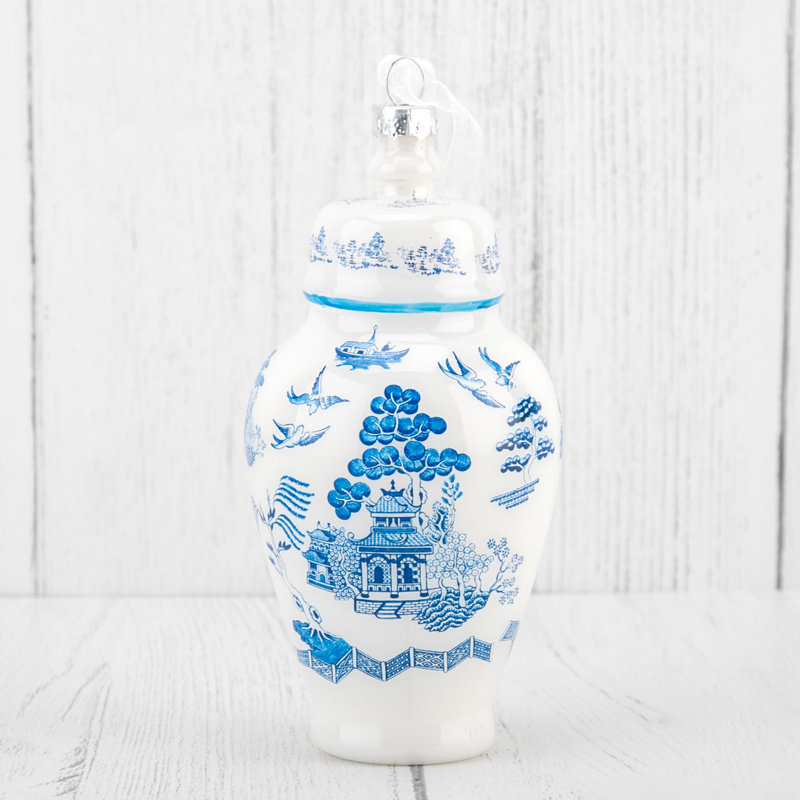 Ginger Jar Blue Glass Ornament, Blue/White
