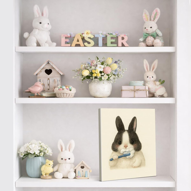 Mignon lapin de Pâques, salle de bain, impression murale, lapin se brossant les dents, peinture sur toile, image de Pâques, décoration murale pour la salle de bain des enfants, encadré de 8 po x 10 po