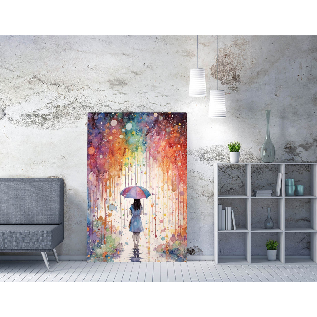 Banksy Style Umbrella Girl Watercolour Splashes Rainbow Monsoon