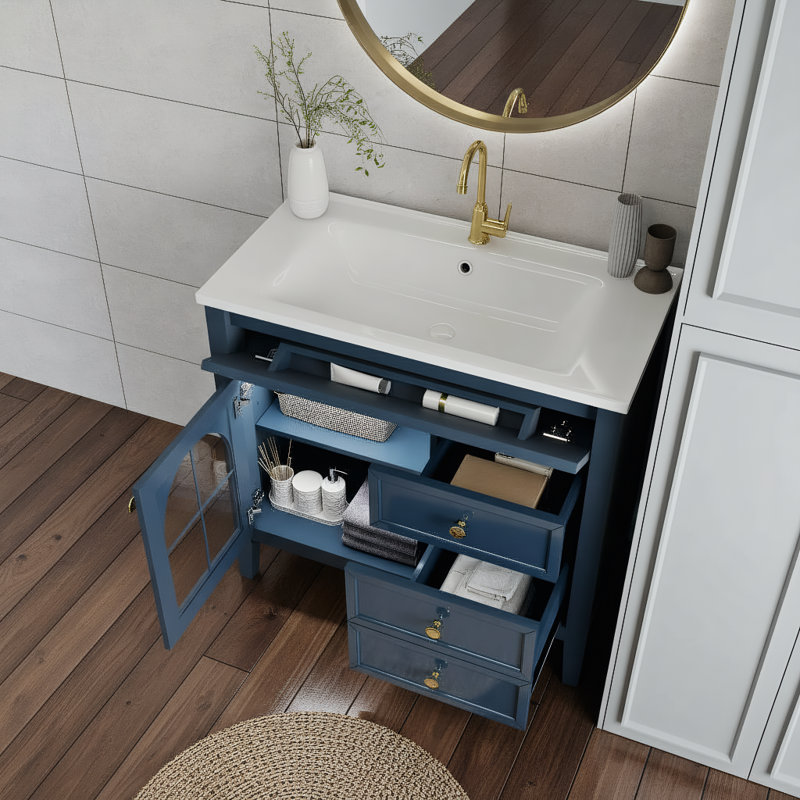 Meuble-lavabo autoportant 36 po avec lavabo en verre à motif, capteur de mouvement et rangement, Bleu