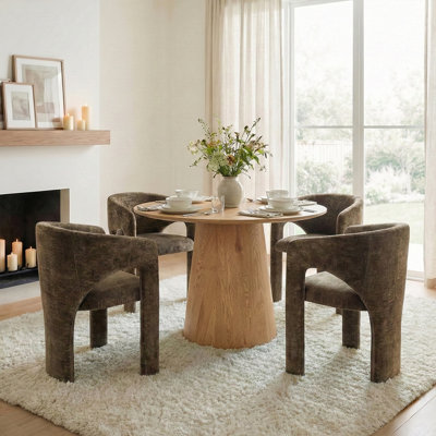5-Piece Mid-Century Round Dining Set With Oak Finish Pedestal Table For 4