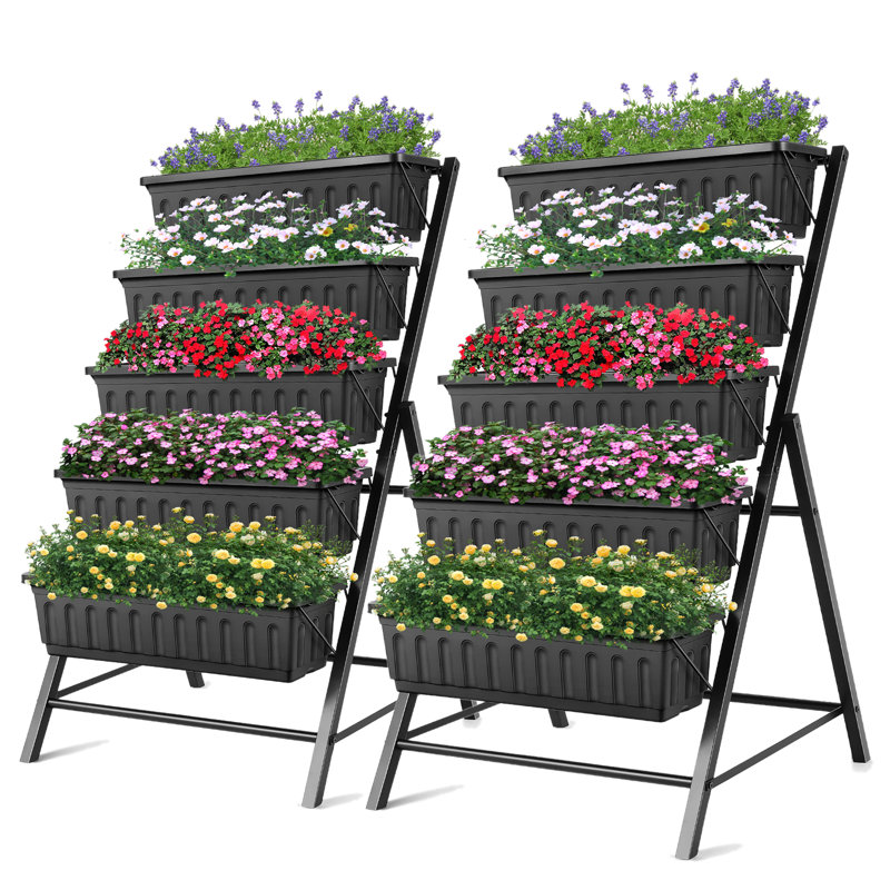 Denishia 2-Pcs Set 5 Tiers Vertical Garden Planter Raised Garden Bed Freestanding Elevated Planter Box, Black