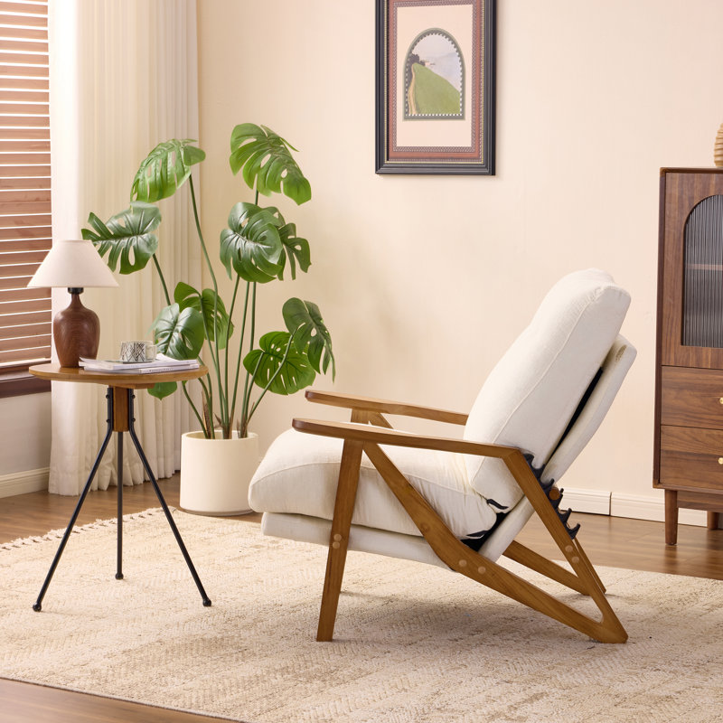 2Pcs Chenille Upholstered Accent Chair With 5-Position Adjustable Backrest, Rubber Wood Arms, Indoor Leisure Chair, White