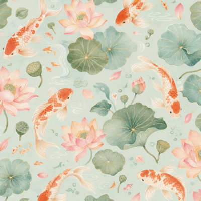 Removable Peel and Stick Wallpaper Roll Serene Fish Pond Lotus Flowers Lily Pads Soft Watercolor Style 23.6"W x 118"H